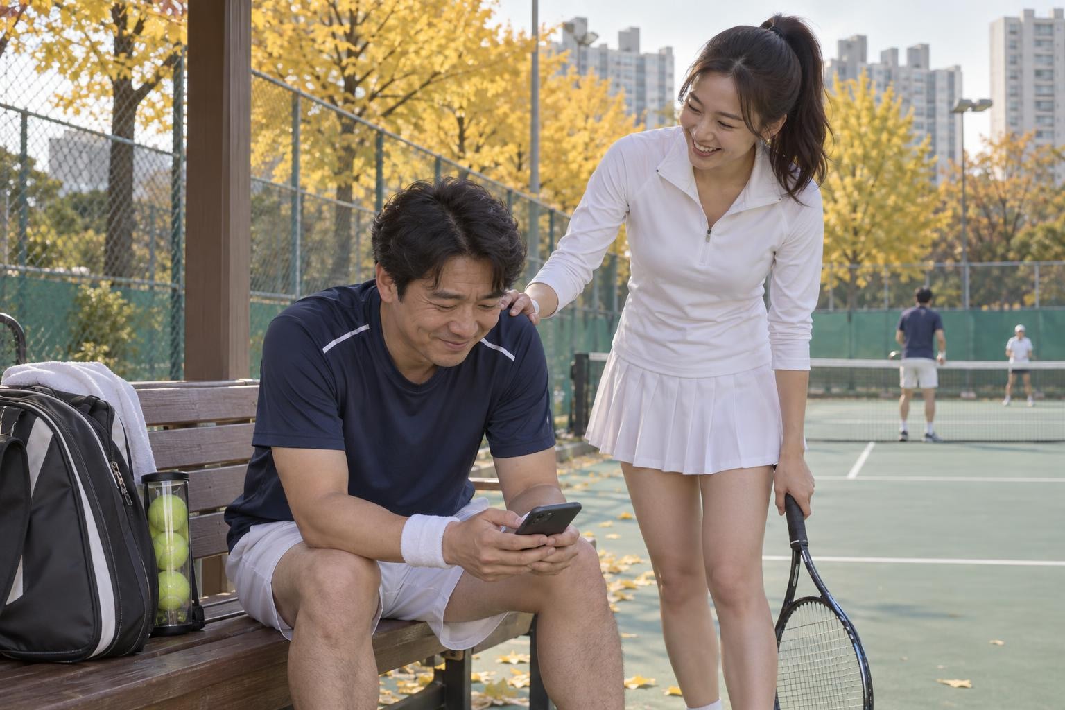 가을 오후 은행잎이 노랗게 물든 국내 야외 테니스장 벤치에 남색 반팔 차림의 40대 남성 동호인이 앉아 스마트폰을 보며 멋쩍게 웃고, 흰 테니스복을 입은 30대 여성 클럽 회원이 라켓을 든 채 그의 어깨를 두드리며 웃는 모습