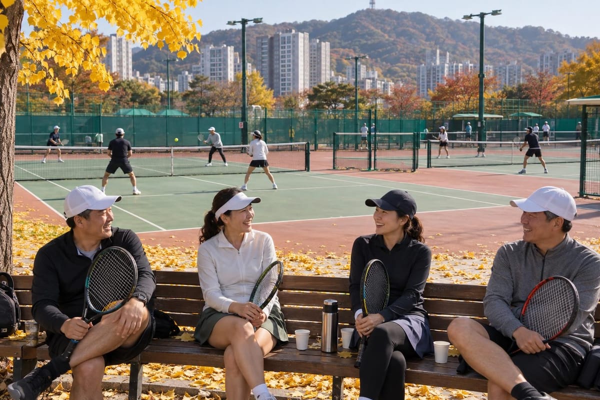 은행잎이 노랗게 물든 가을 토요일 아침 아파트 단지와 산이 보이는 국내 공공 테니스장, 초록 펜스로 나뉜 여러 면의 코트에서 동호인들이 복식 게임을 하고 있고, 앞쪽 나무 벤치에는 라켓을 쥔 30~50대 동호인 네 명이 보온병과 종이컵을 사이에 두고 웃으며 순서를 기다리는 장면, 바닥에는 은행잎이 수북하다