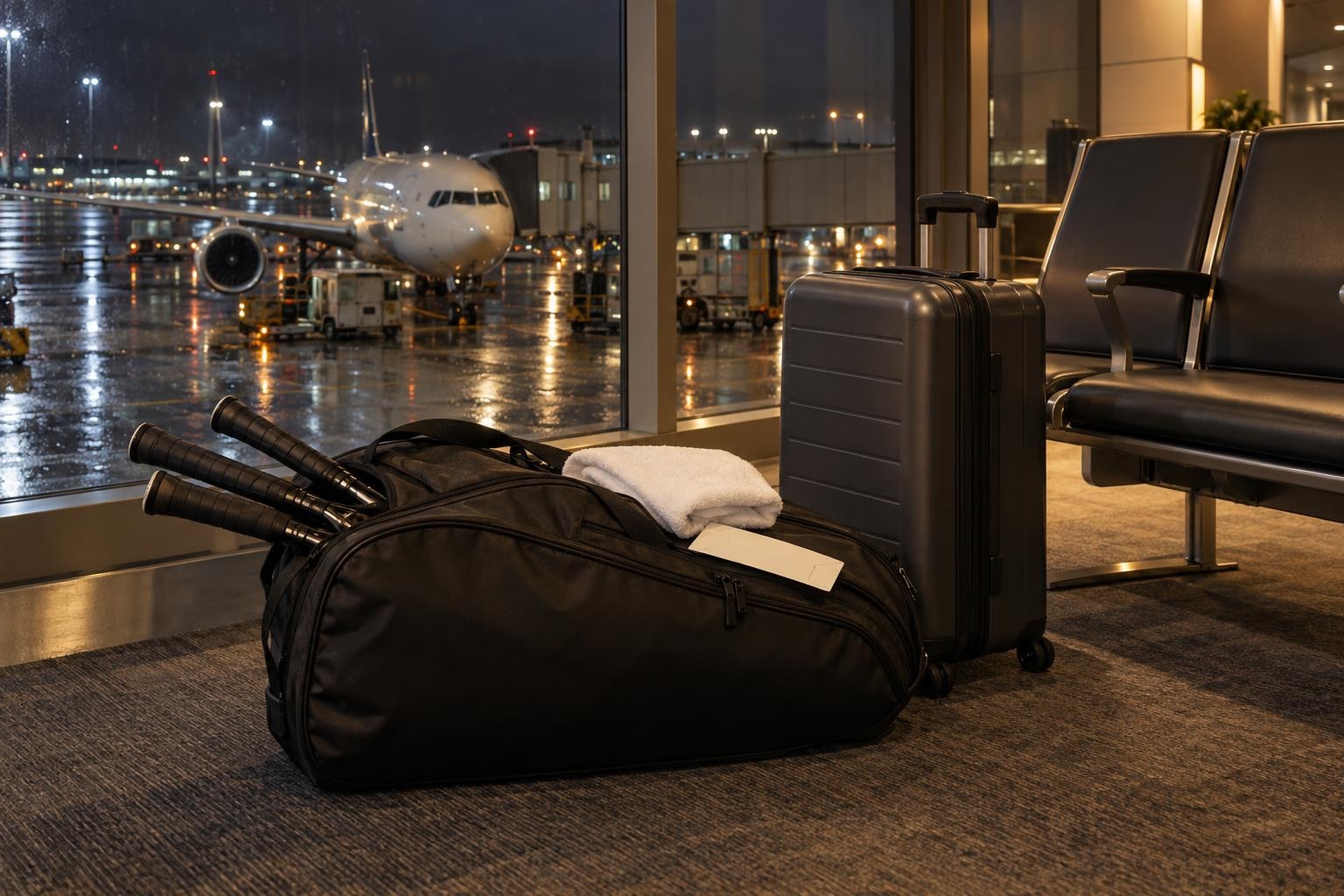 밤의 공항 출국 게이트, 통유리창 너머 비 젖은 활주로에 불 켜진 여객기가 서 있고, 창 앞 빈 의자 줄 옆에 라켓 손잡이 세 개가 비죽 나온 검은 테니스 라켓 가방과 회색 하드 캐리어가 나란히 놓여 있는 장면