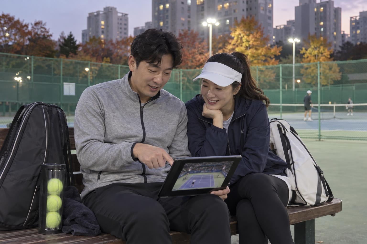 해 질 무렵 아파트 단지 옆 동네 야외 하드코트 벤치에 회색 트레이닝 재킷을 입은 30대 후반 남성과 남색 바람막이에 흰 선캡을 쓴 여성 동호인이 나란히 앉아 태블릿 속 테니스 경기 화면을 가리키며 웃고 있고, 옆에 라켓 가방 두 개와 테니스공 통이 놓여 있는 장면