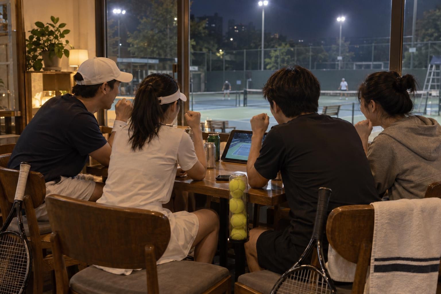 늦은 밤 테니스 클럽 라운지 나무 탁자에 나란히 앉은 동호인 네 명이 태블릿으로 테니스 경기를 보며 주먹을 쥐고 응원하고, 의자에 라켓이 기대어 있으며 창밖으로 조명 켜진 야외 하드코트가 보이는 모습