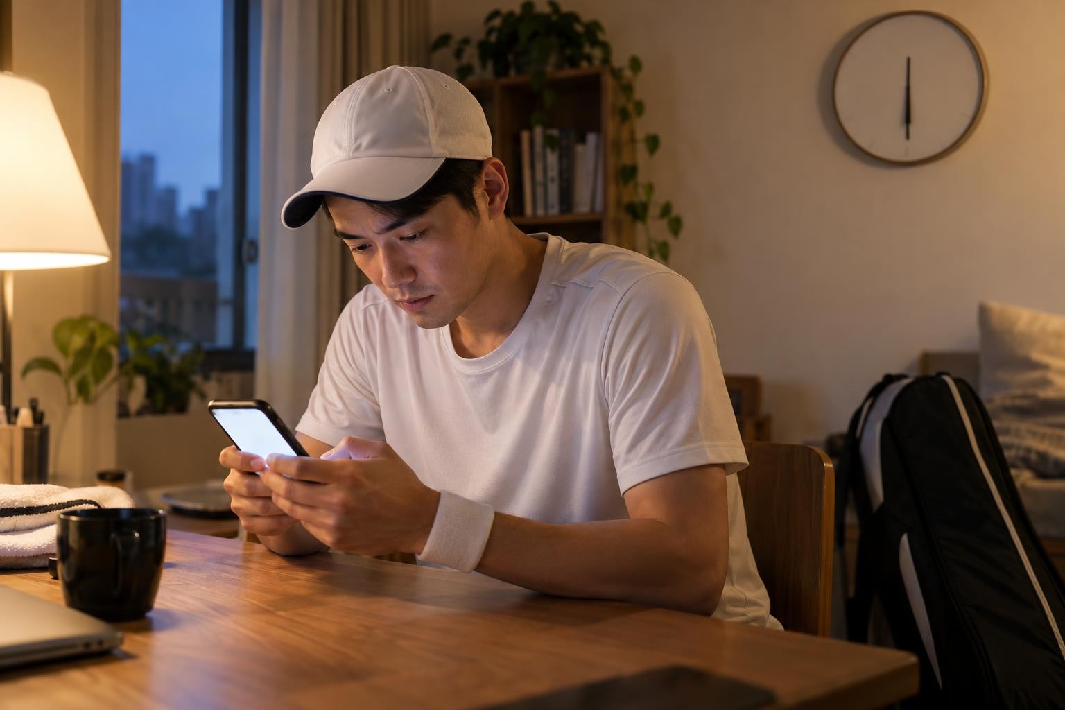 저녁 무렵 집 책상 앞에 흰 테니스 모자를 쓴 30대 남성 동호인이 두 손으로 스마트폰을 쥐고 화면을 뚫어지게 보고 있고, 의자 옆에는 라켓 가방이 기대 세워져 있으며 뒤쪽 벽에 둥근 시계가 걸려 있는 장면