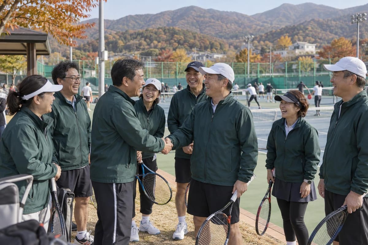 단풍 든 산이 둘러싼 국내 소도시 야외 테니스장 옆, 같은 짙은 초록색 바람막이를 맞춰 입은 50대 남녀 동호인 여덟 명이 라켓을 든 채 둘러서서 웃고, 가운데 두 남성이 반갑게 악수를 나누며, 뒤쪽 여러 코트에서는 다른 동호인들이 몸을 풀고 있는 장면