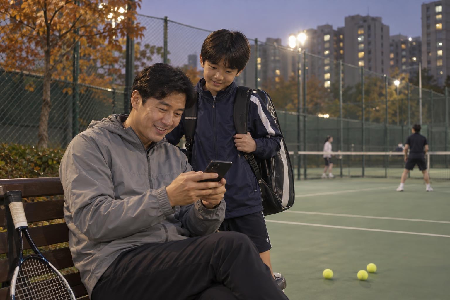 가을 저녁 조명이 켜진 아파트 단지 옆 국내 야외 하드코트 벤치에서 회색 바람막이를 입은 40대 아빠가 스마트폰을 보며 웃고, 테니스 가방을 멘 남색 재킷 차림의 초등학생 아들이 옆에서 화면을 함께 들여다보는 장면