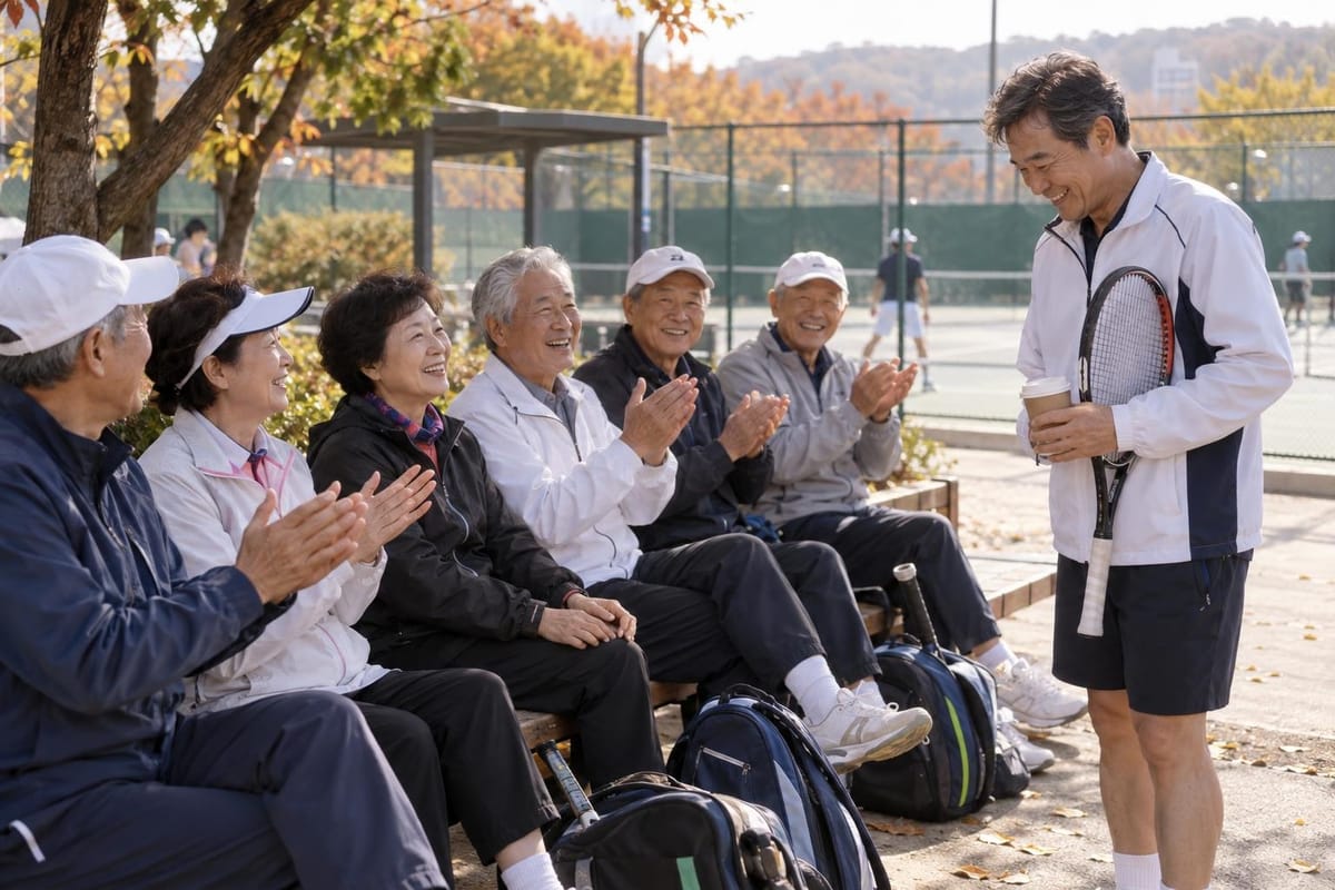 가을 국내 시니어 테니스대회장 코트 옆 긴 나무 벤치에 60대부터 80대까지 보이는 동호인들이 라켓 가방을 발밑에 두고 나란히 앉아 있고, 끝자리의 백발 선배들이 웃으며 박수를 치는 가운데 60대 초반 남성이 라켓과 종이컵을 든 채 쑥스럽게 서 있는 장면