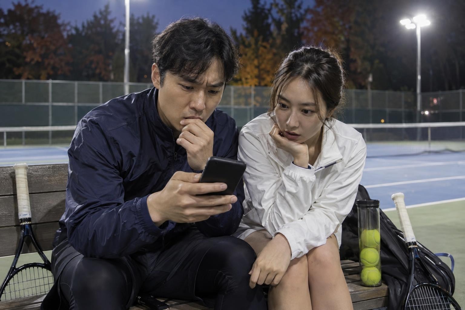 늦가을 저녁 조명이 켜진 국내 야외 하드코트 벤치에 남색 바람막이를 입은 30대 남성 동호인과 흰 테니스 재킷을 입은 30대 여성 동호인이 나란히 앉아, 남성이 든 스마트폰을 심각하고 놀란 표정으로 들여다보고 있고 벤치 양옆에 라켓과 테니스공 통이 놓인 모습