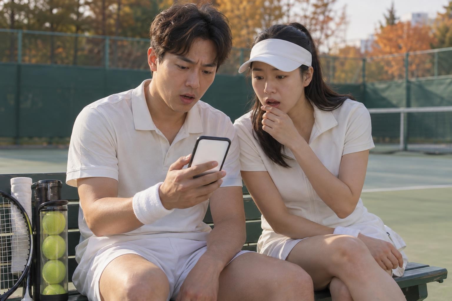 가을 오후 은행나무가 물든 국내 야외 테니스장 벤치에 흰 테니스복 차림의 30대 남녀 동호인이 나란히 앉아, 남성이 든 스마트폰 화면을 놀란 표정으로 들여다보고 있고 옆에 라켓과 테니스공 통이 놓인 모습