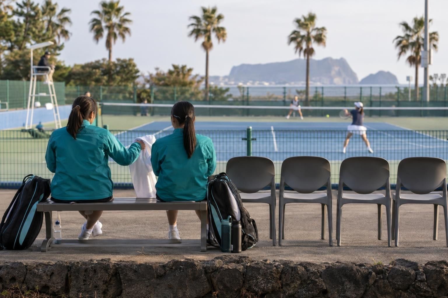 제주 야외 테니스장 펜스 앞 벤치에 청록색 팀 재킷을 맞춰 입은 여자 선수 두 명이 뒷모습으로 나란히 앉아 수건을 건네고, 옆으로 빈 의자 네 개가 줄지어 있으며 너머 파란 하드코트에서 경기가 진행 중인 장면