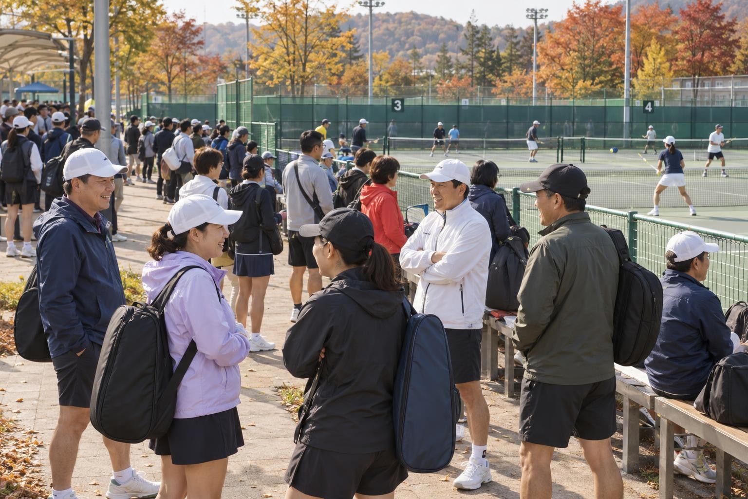 단풍이 든 가을 아침, 여러 면의 초록색 하드코트가 있는 공공 테니스장 통로에 무지 바람막이와 모자 차림의 40~50대 동호인들이 라켓 가방을 메고 펜스를 따라 빼곡히 서서 이야기를 나누며 차례를 기다리고, 펜스 너머 코트에서는 복식 경기가 여러 개 진행 중인 장면