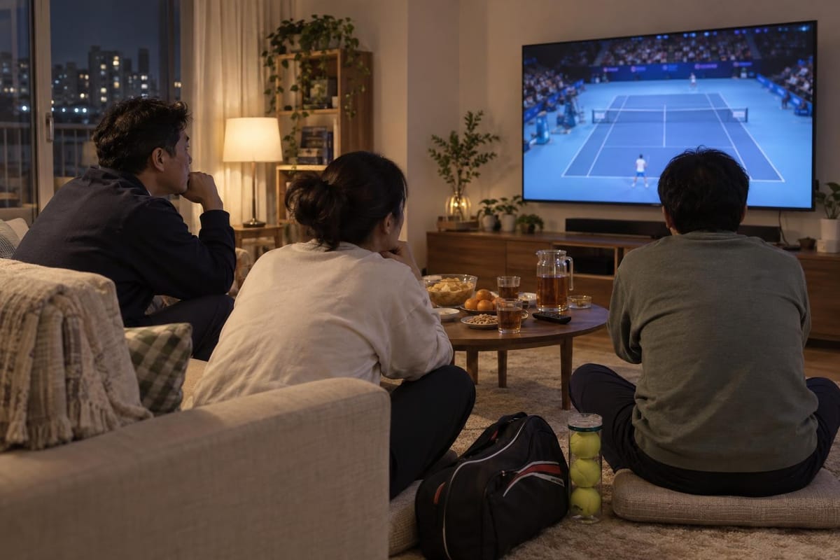 늦은 밤 한국 아파트 거실에서 30~40대 테니스 동호인 세 명이 소파와 방석에 앉아 벽걸이 TV로 실내 하드코트 경기 중계를 보고 있고, 바닥에는 라켓 가방과 테니스공 캔, 낮은 탁자에는 간식과 보리차가 놓여 있는 장면