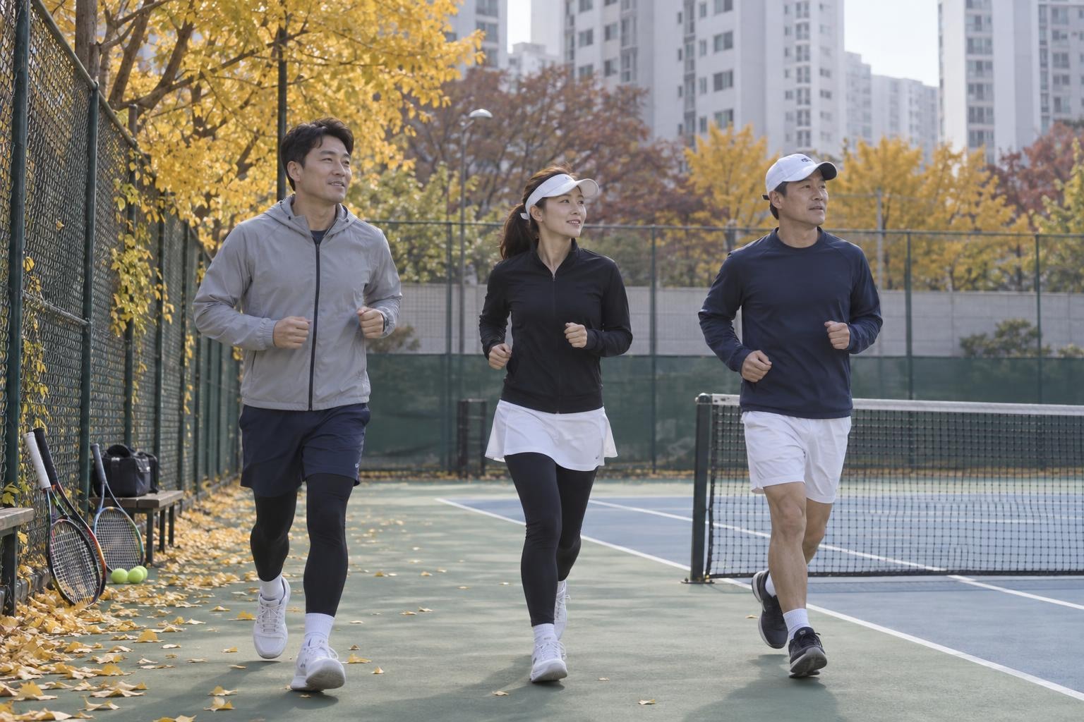 AI로 만든 이미지, 은행잎이 떨어진 아파트 단지 옆 공공 하드코트 가장자리를 따라 가볍게 뛰며 몸을 데우는 30~50대 동호인 세 명, 철망 아래 벤치 옆에 라켓 두 자루와 노란 공이 놓여 있음