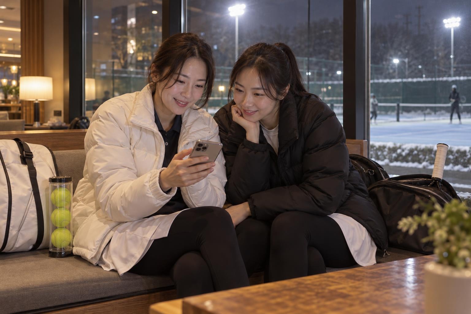 겨울 저녁 실내 테니스 클럽 라운지 소파에 흰색·검은색 패딩 차림으로 나란히 앉아 스마트폰 화면을 함께 보며 웃는 여성 동호인 두 명, 옆에 놓인 라켓 가방과 테니스공 세 개가 든 통, 창밖으로 눈 쌓인 야외 코트와 조명탑