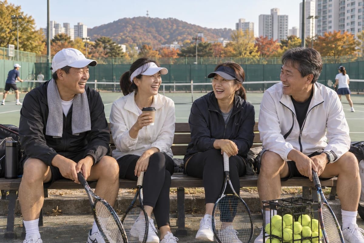 늦가을 토요일 아침 아파트 단지와 단풍 든 산이 보이는 국내 공공 테니스장, 초록 펜스 앞 나무 벤치에 바람막이를 입은 40~50대 남녀 동호인 네 명이 라켓을 무릎에 세우고 앉아 크게 웃고 있고, 한 명은 종이 커피컵을 들고 있으며 발밑에는 테니스공이 가득 든 바구니가 있고 뒤쪽 코트에서는 다른 복식 게임이 이어지는 장면