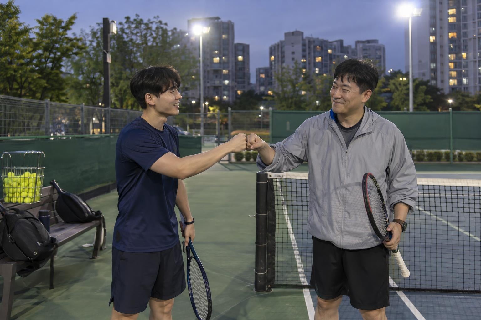 해 질 무렵 아파트 단지 옆 동네 야외 테니스장 네트 기둥 앞에서 남색 반팔 티셔츠를 입은 20대 남성과 회색 바람막이를 입은 40대 남성 동호인이 라켓을 한 손에 든 채 웃으며 주먹을 맞대고 있고, 옆 벤치에는 노란 공이 가득 담긴 볼 바구니와 라켓 가방이 놓여 있는 장면